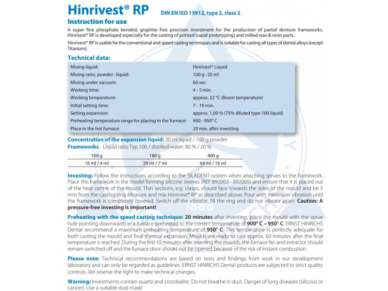 Hinrivest RP investment material for 3D printing 400g Promotion