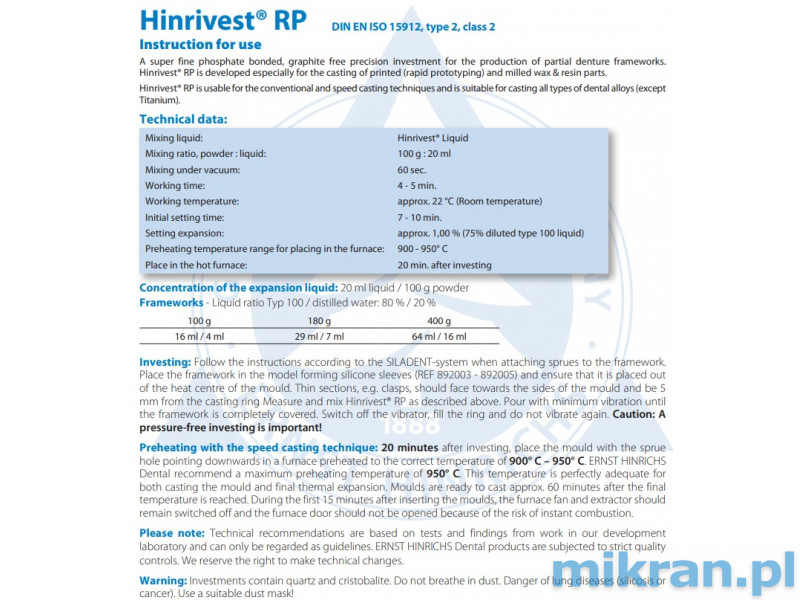Hinrivest RP (50x400g) investment mass + liquid for mass 1L. Promotion