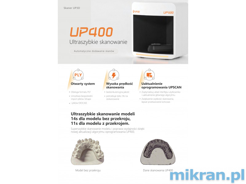 Up3d Up400 prosthetic scanner Design software for free with the purchase of the device, or Exocad for 50% of the price